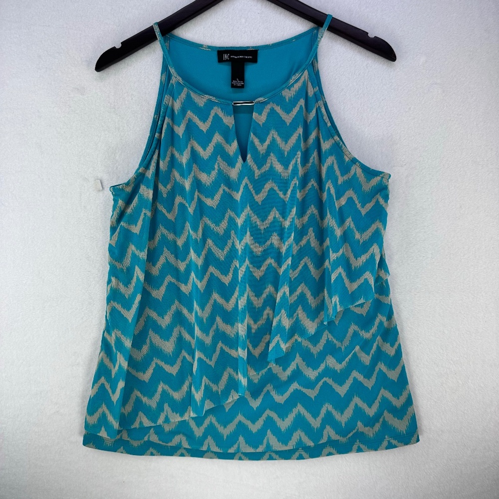 INC Tank Top Women Size Large zigzag print metal embellishment layered turquoise